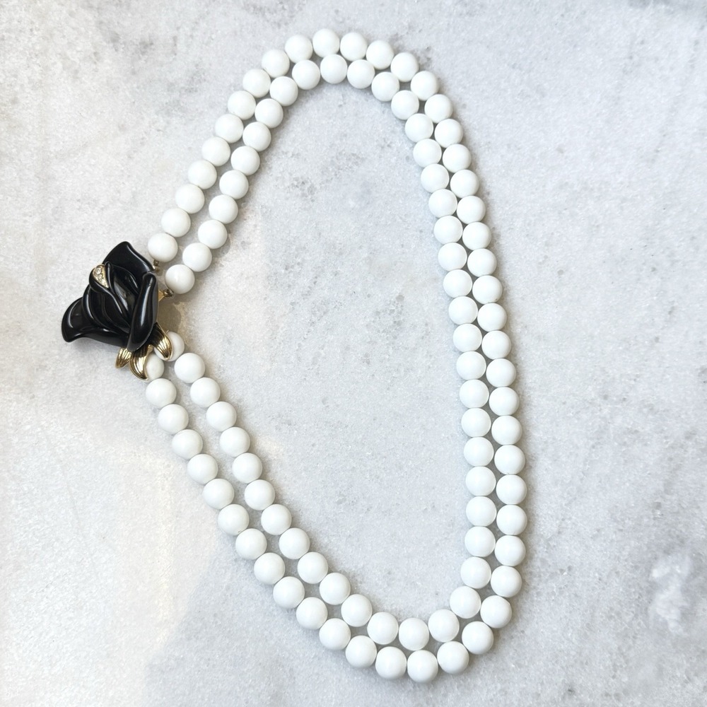 Vintage Kenneth Jay Lane for Avon Beaded Necklace White Layered Black Rose 18"